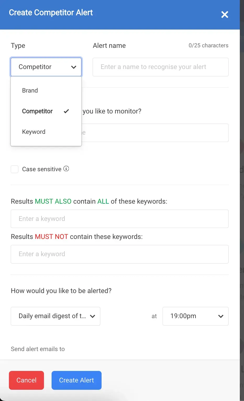 Screenshot showing the form you fill out to set up an alert in BuzzSumo