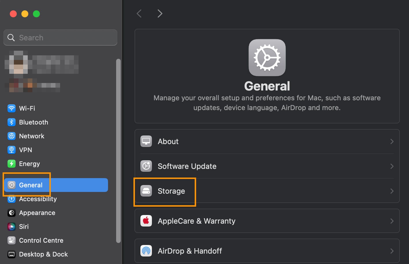 Access General Storage settings on Mac