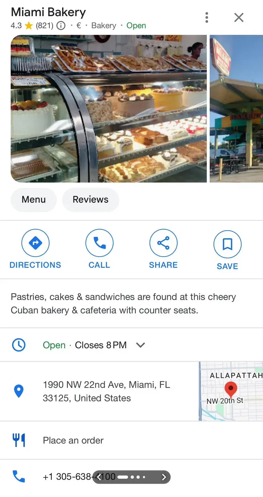 Mobile version of GMB listing for a bakery in Miami