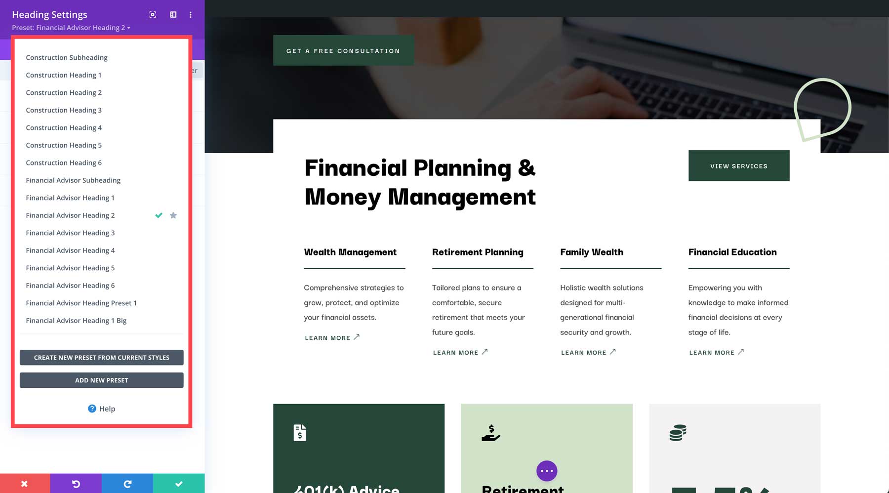 Financial Advisor starter site for Divi