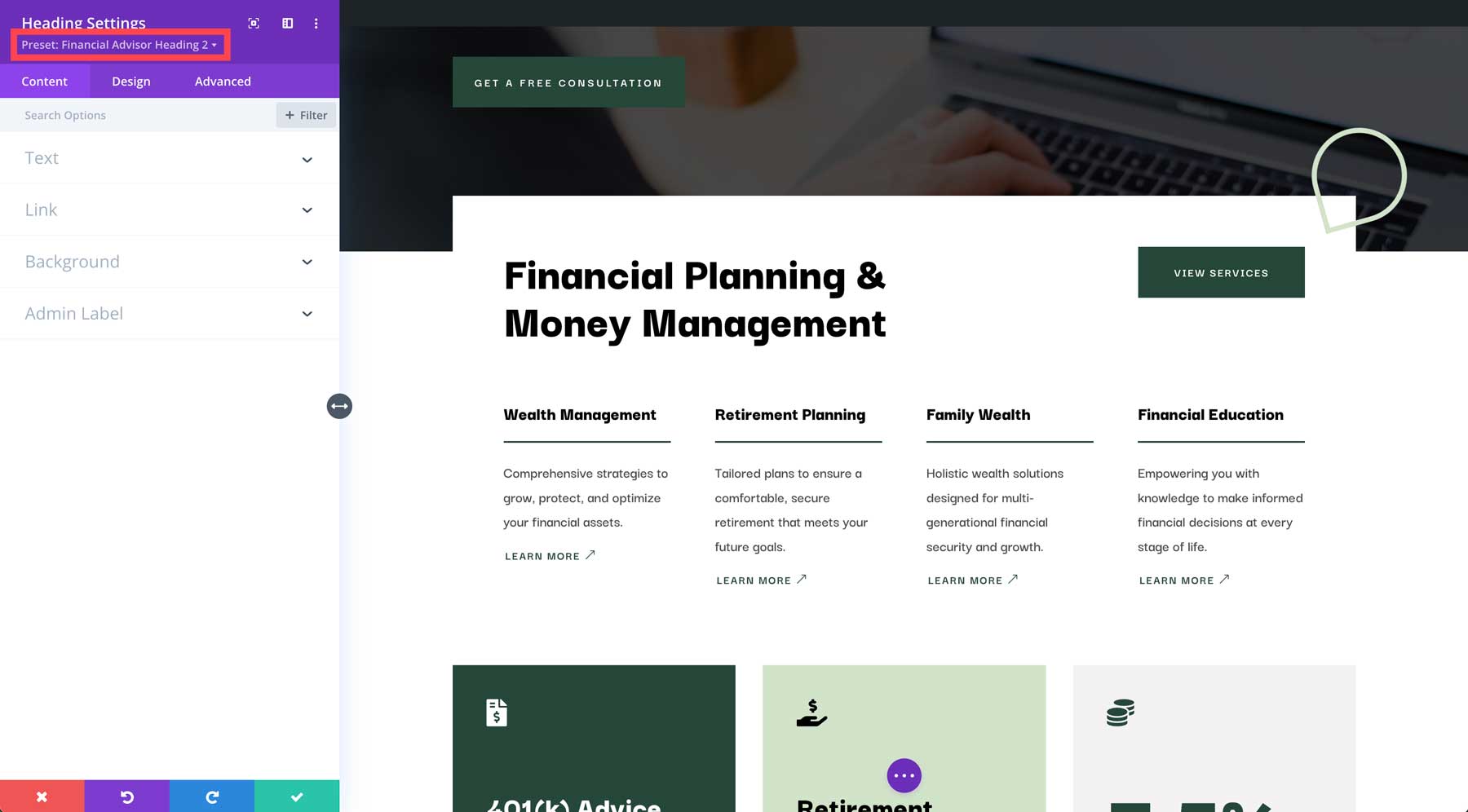 Financial Advisor starter site for Divi