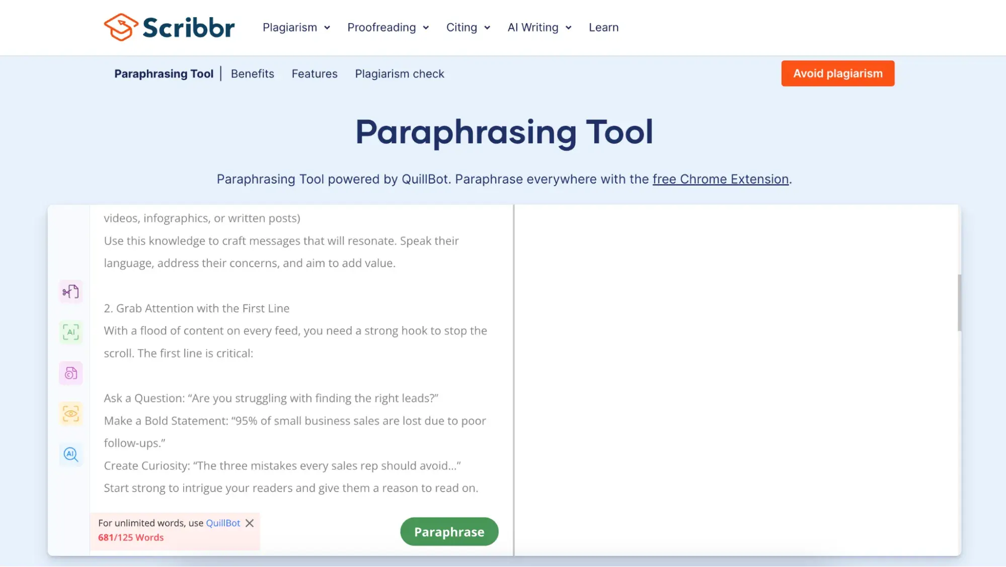 Screenshot showing Scribbr’s free paraphrase tool.