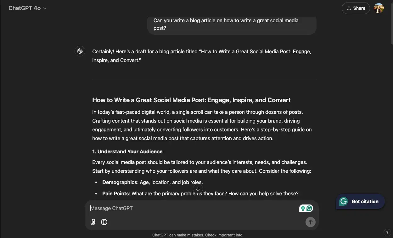 Screenshot showing the results of a prompt requesting ChatGPT to write a blog article about creating a social media post.