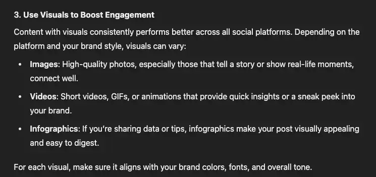 Screenshot showing advice  written by chatgpt about writing social media posts.