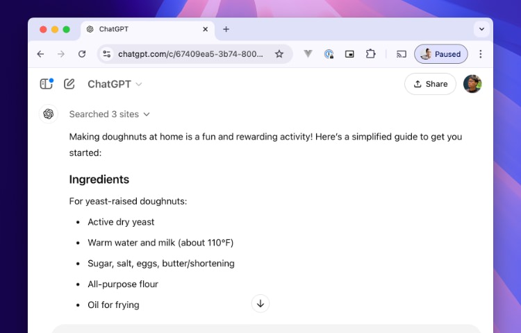 OpenAI information result for donut recipe