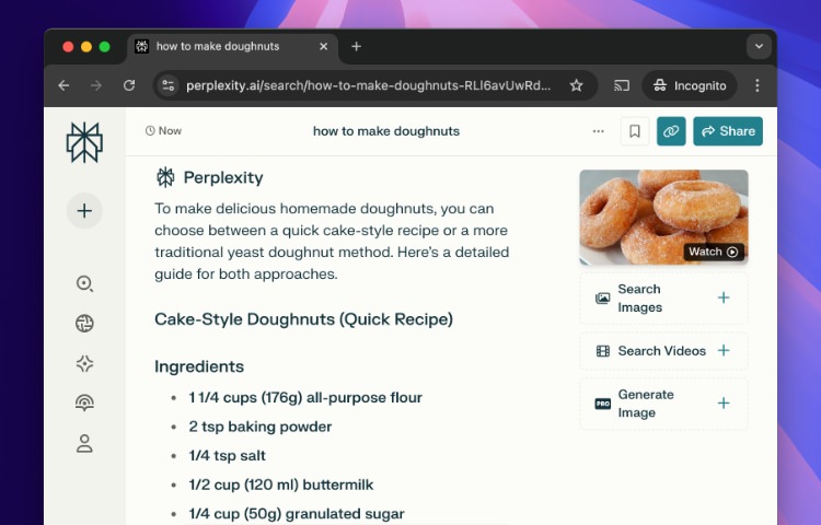 Perplexity AI information result for donut recipe