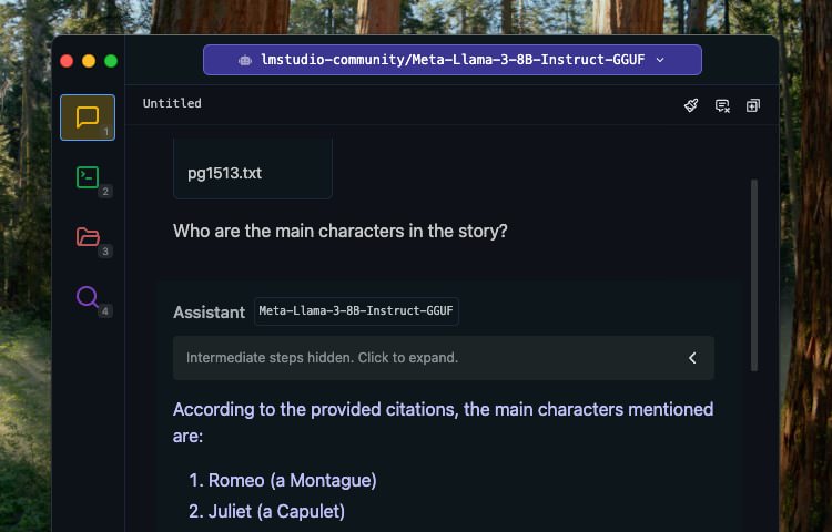 LM Studio document chat feature example with Romeo and Juliet text