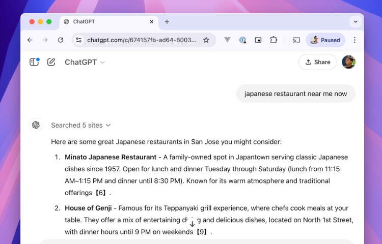 OpenAI local search result for Japanese restaurants