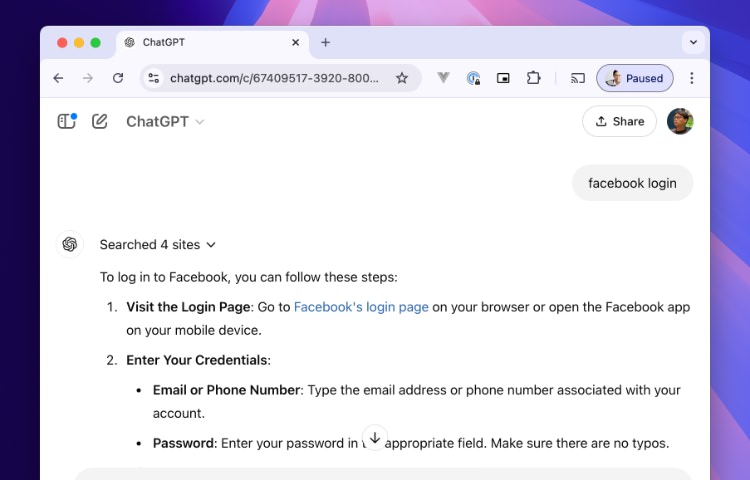 OpenAI Search navigation result for Facebook login