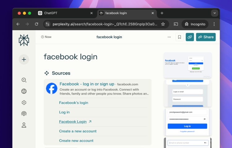 AI Perplexity navigation result for Facebook login