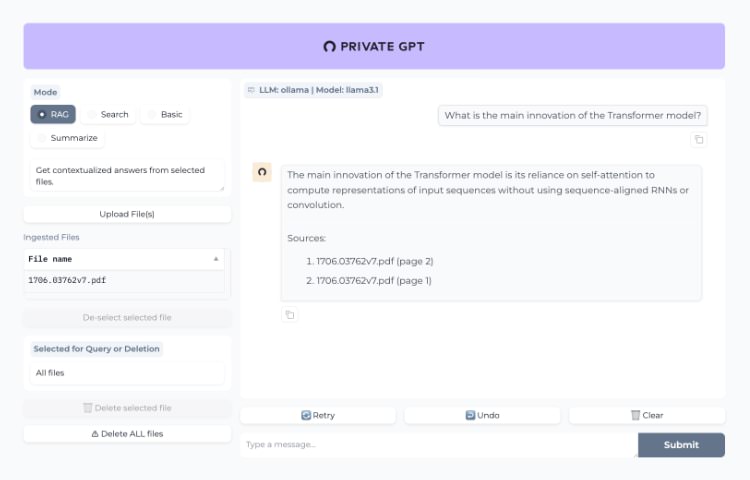 Screenshot of the PrivateGPT app