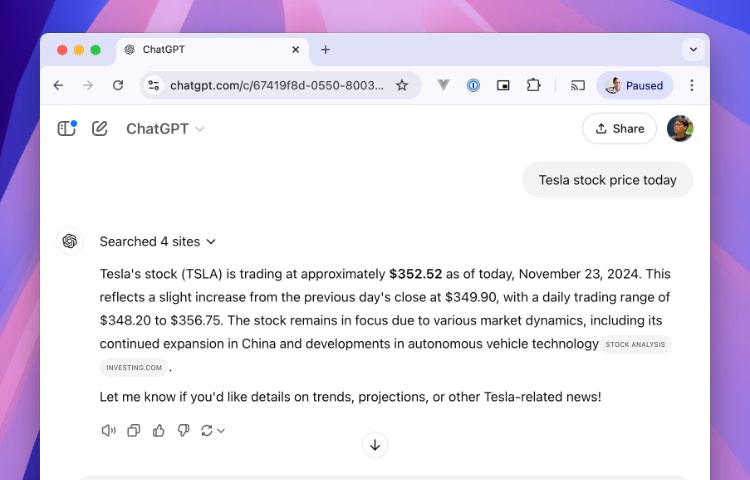 OpenAI real-time search results for Tesla stock price