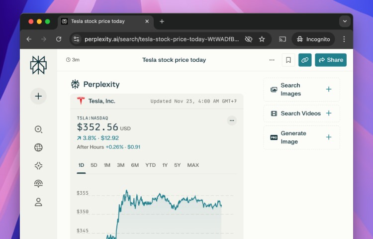 Perplexity AI real-time search result for Tesla stock price with interactive chart