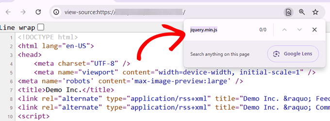 Search jQuery in source code