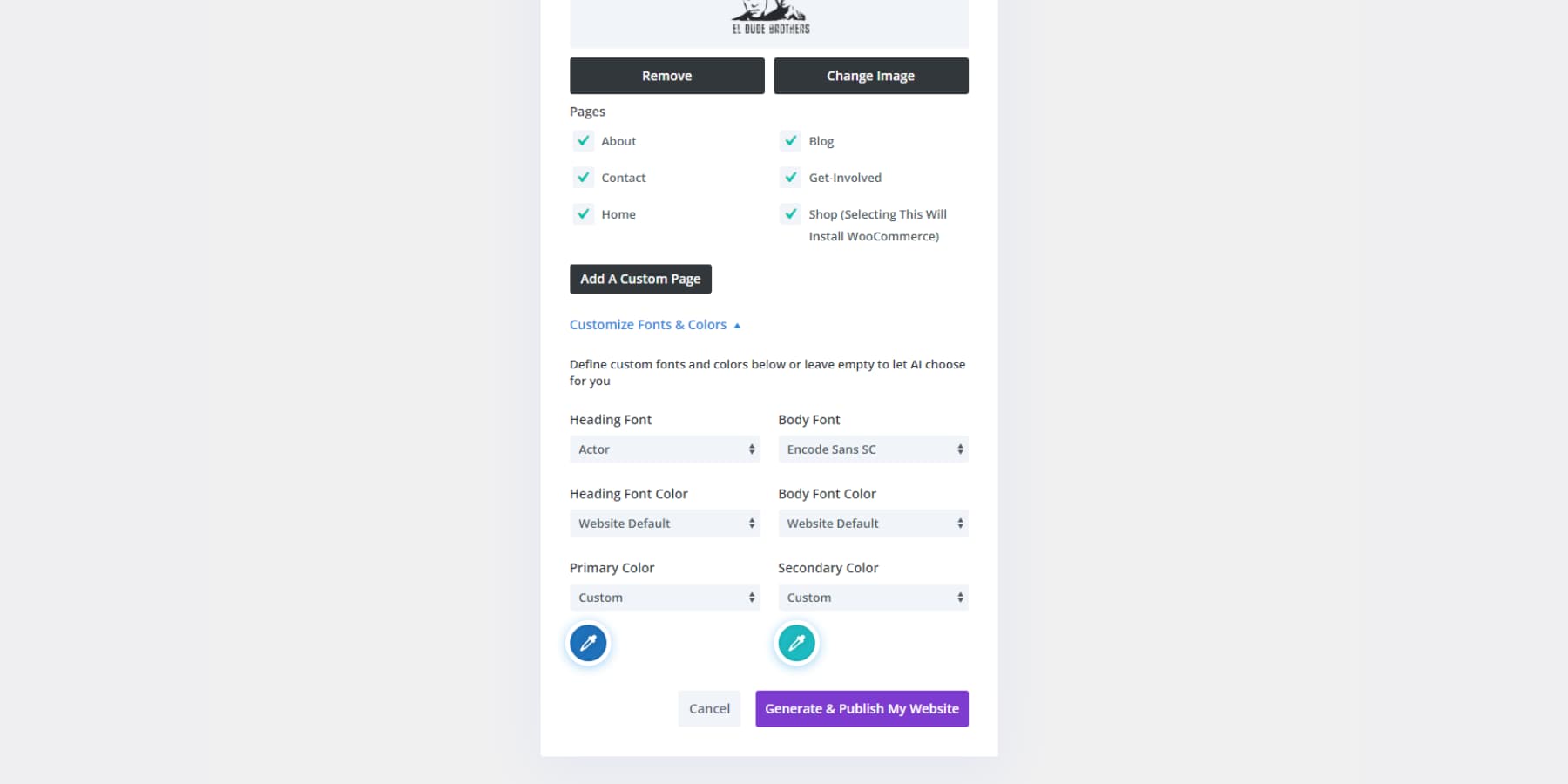 A screenshot of setting up colors and fonts on Divi Quick Sites