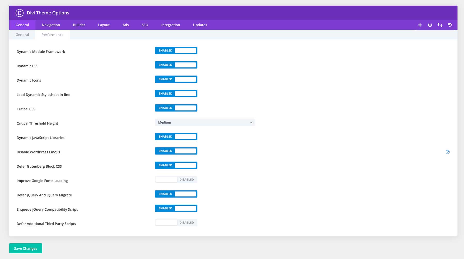 Divi performance settings