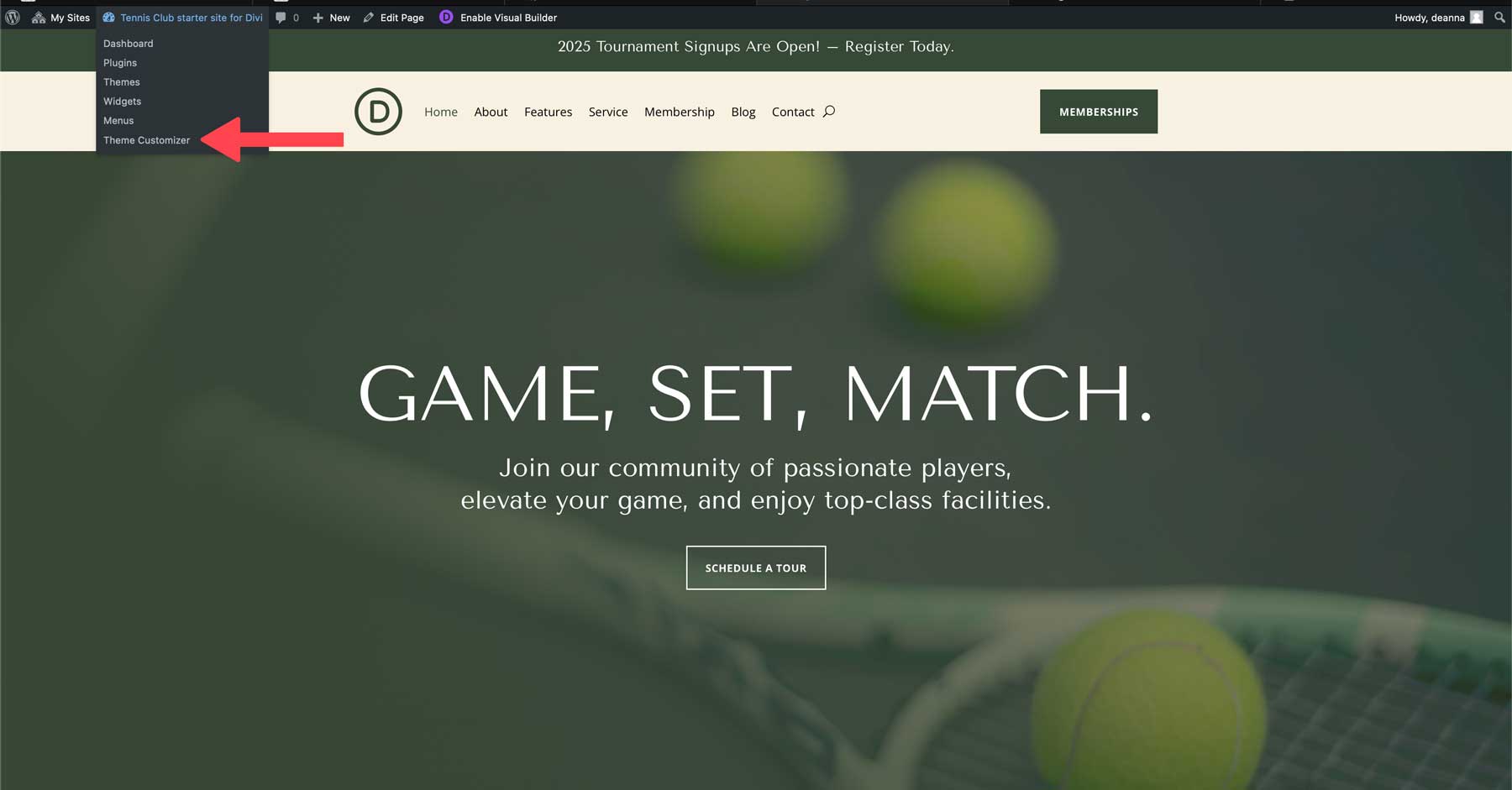 tennis club starter site for Divi