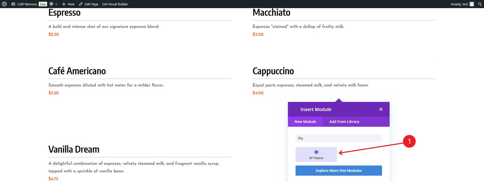 Step 1 - Add Image Flipbox to Menu - Divi ConKit - Enhancing a Coffee Shop Website