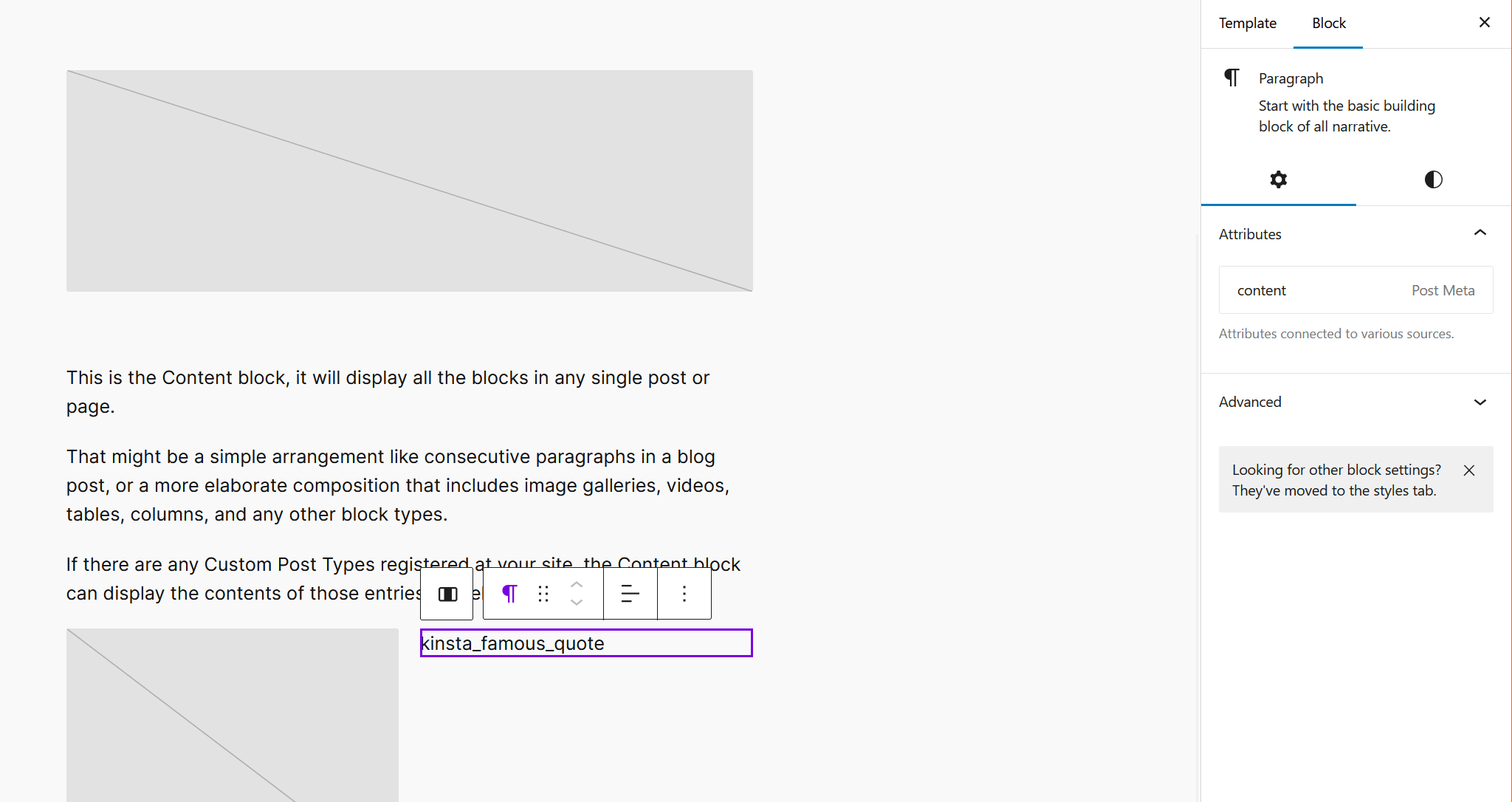 A Paragraph block is bound to a data source