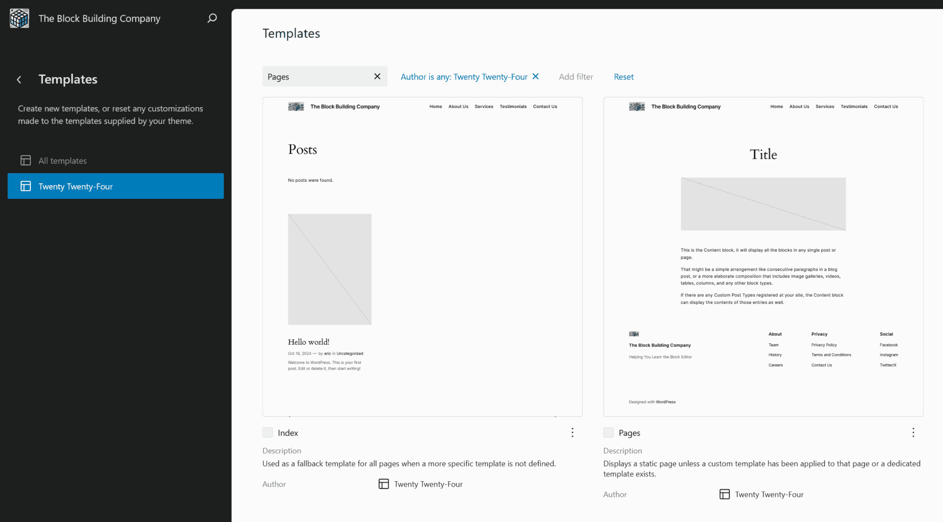 The available templates in the WordPress Site Editor