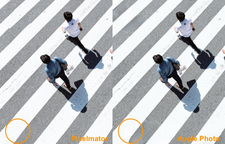 Comparison showing Pixelmator Pro handling edge object removal better