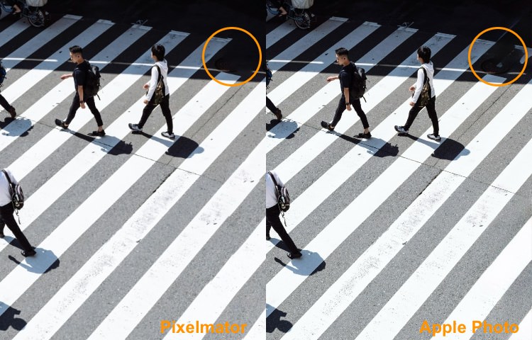 Comparison showing Pixelmator Pro's superior handling of shadowed object removal