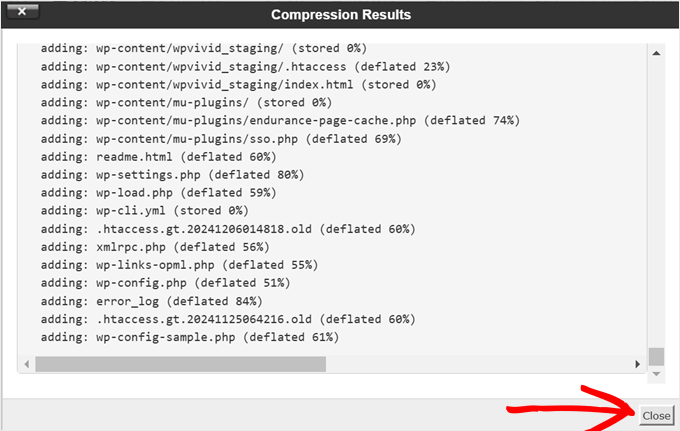 Finalizing the zip compression in Bluehost file manager