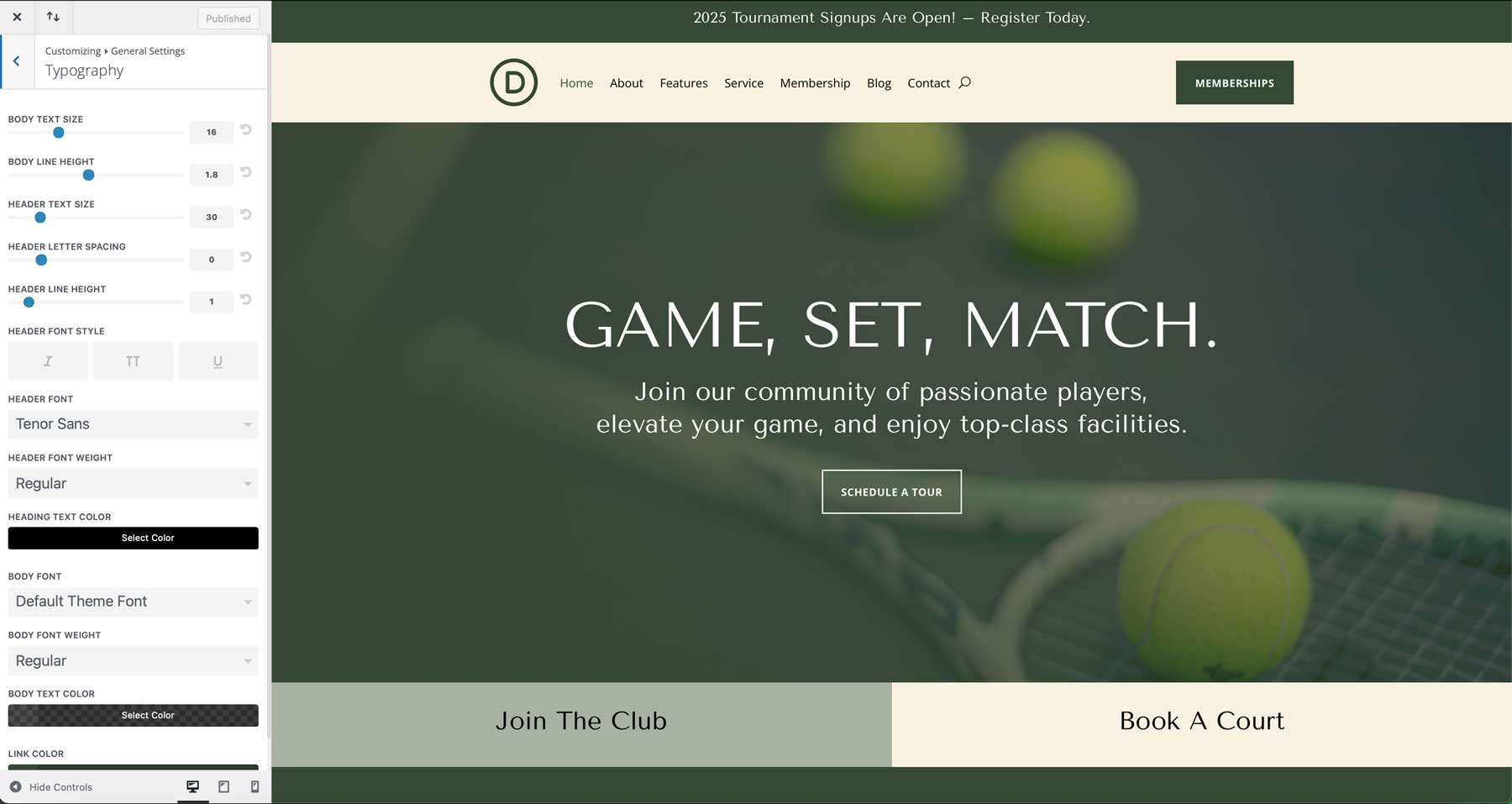 tennis club starter site for Divi