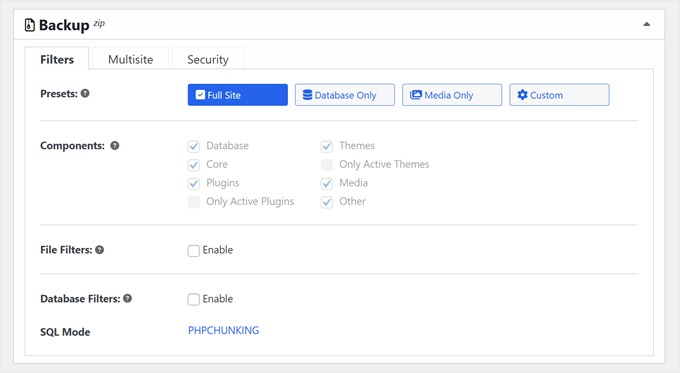 Choosing what kind of multisite backup to create with Duplicator