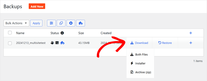 Downloading the WordPress multisite backup files in Duplicator