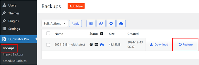 Restoring a multisite backup in Duplicator