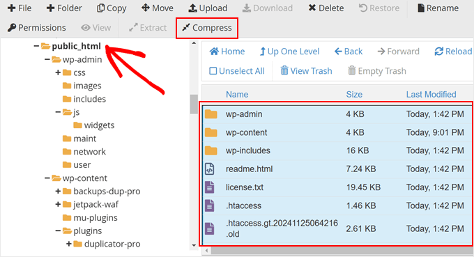 Compressing WordPress multisite files in Bluehost file manager