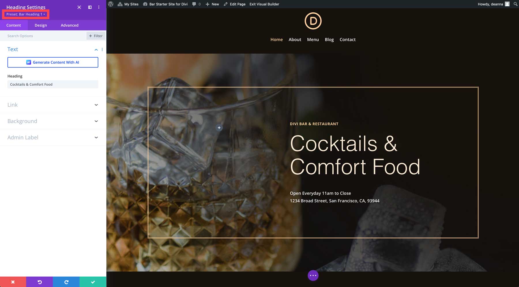 bar starter site for Divi