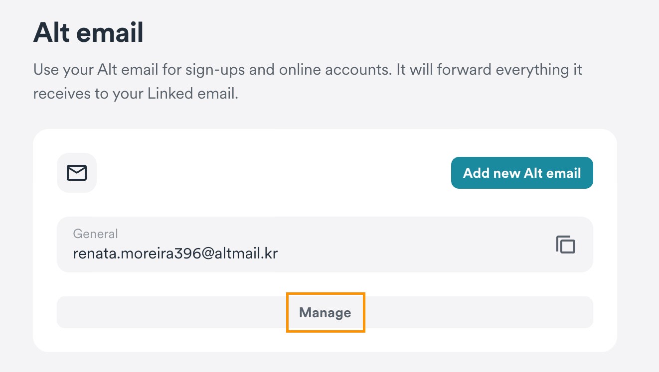 Click Manage under Alt email