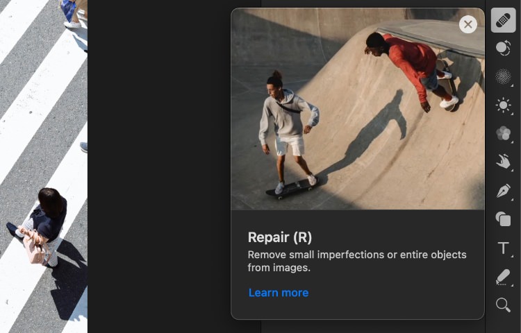 Pixelmator Pro interface showing the Repair Tool for object removal