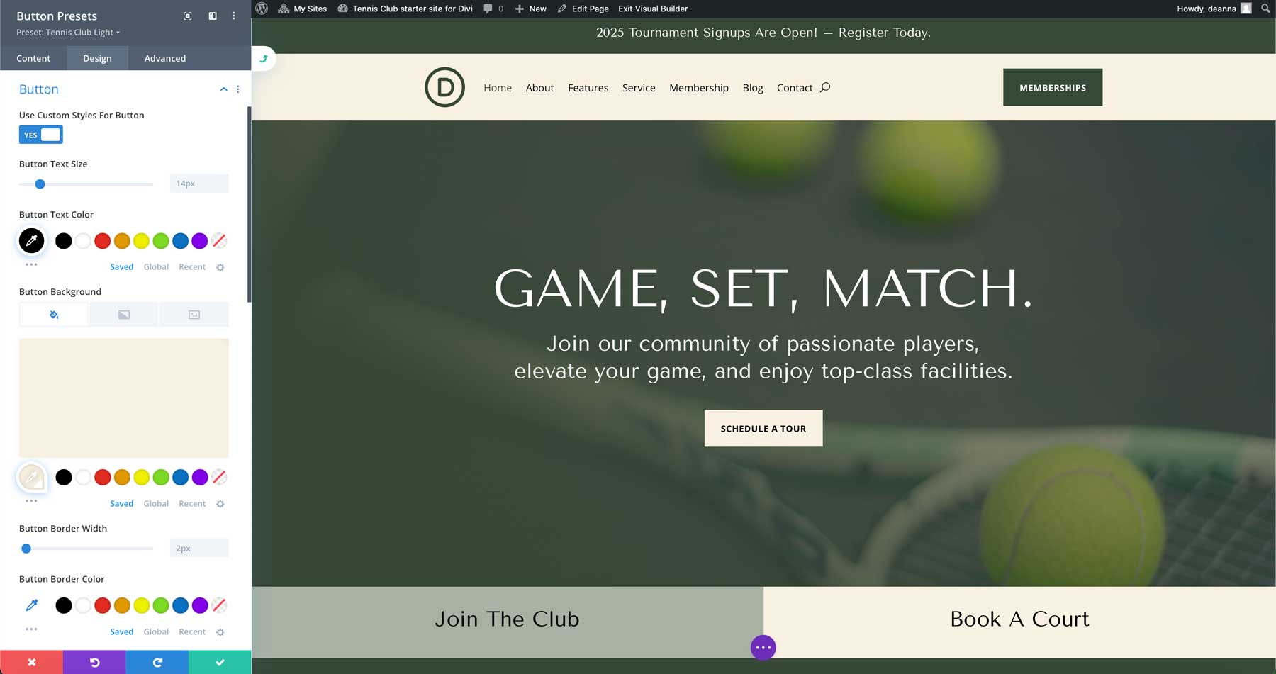 tennis club starter site for Divi