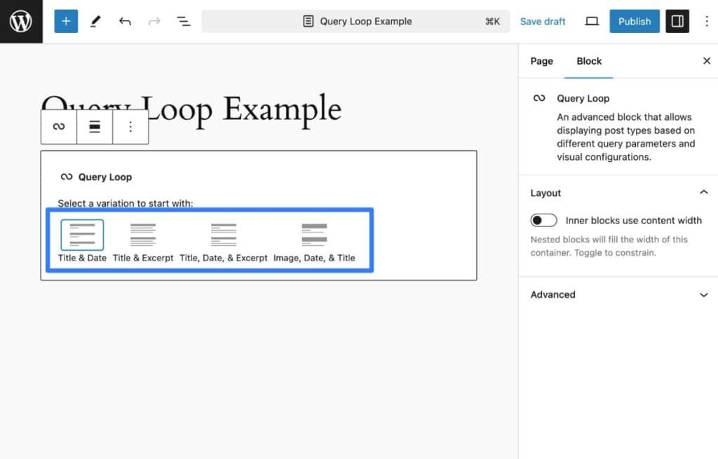 You can choose the starting variation for the loop by using the options in the block settings