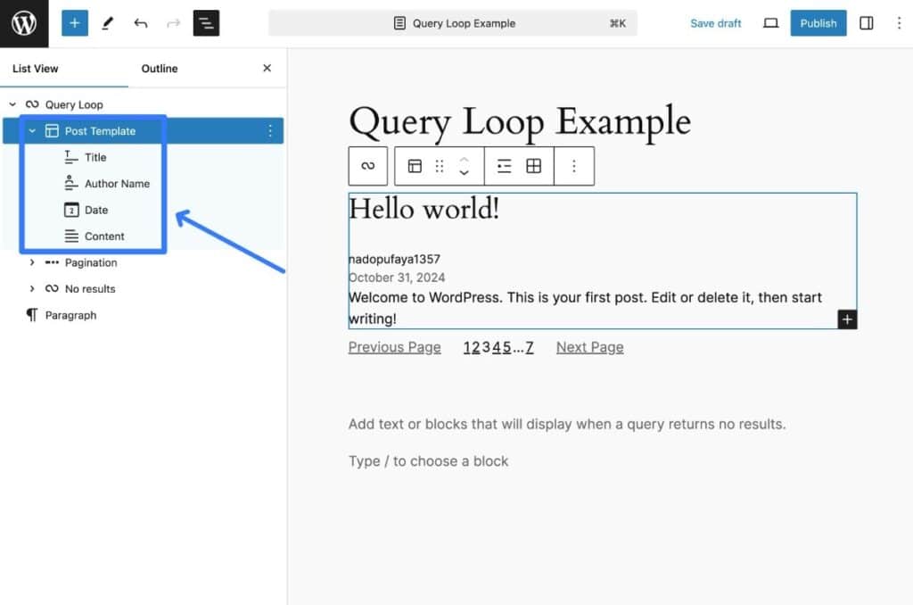 The outline feature will show you the structure of the Query Loop block.