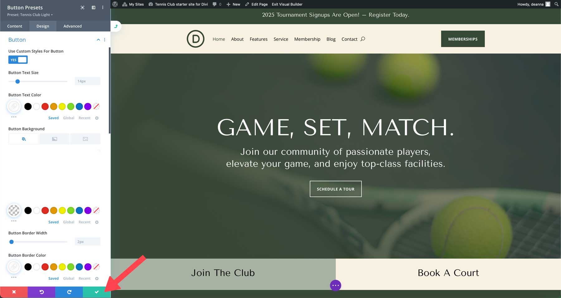 tennis club starter site for Divi