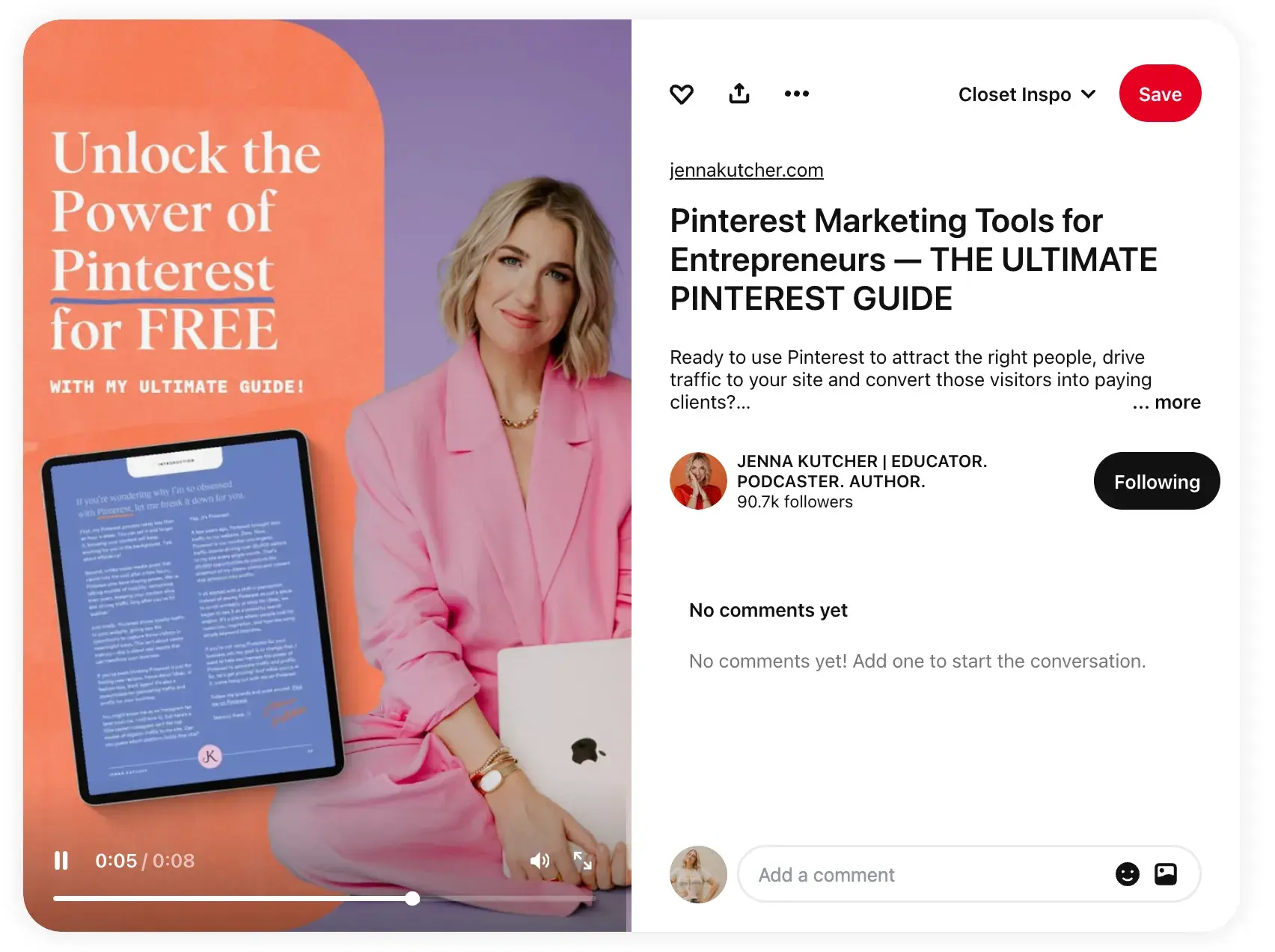 Selling products on Pinterest example: Jenna Kutcher Pinterest pin