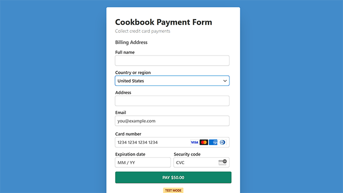 Single product payment form preview