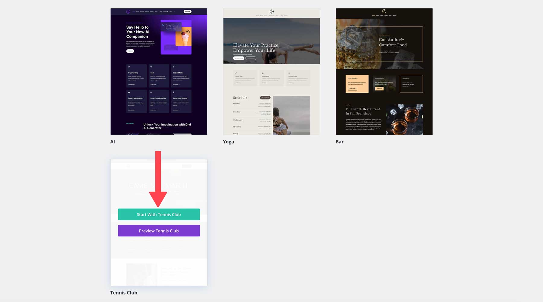 tennis club starter site for Divi