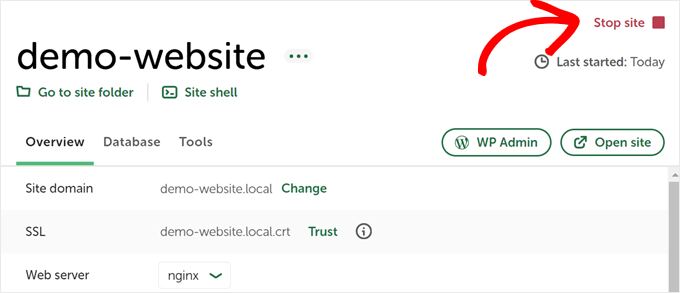 Stopping the local website from running on Local WP