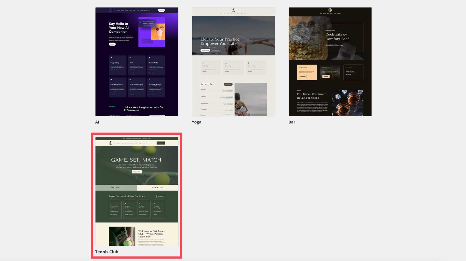 tennis club starter site for Divi
