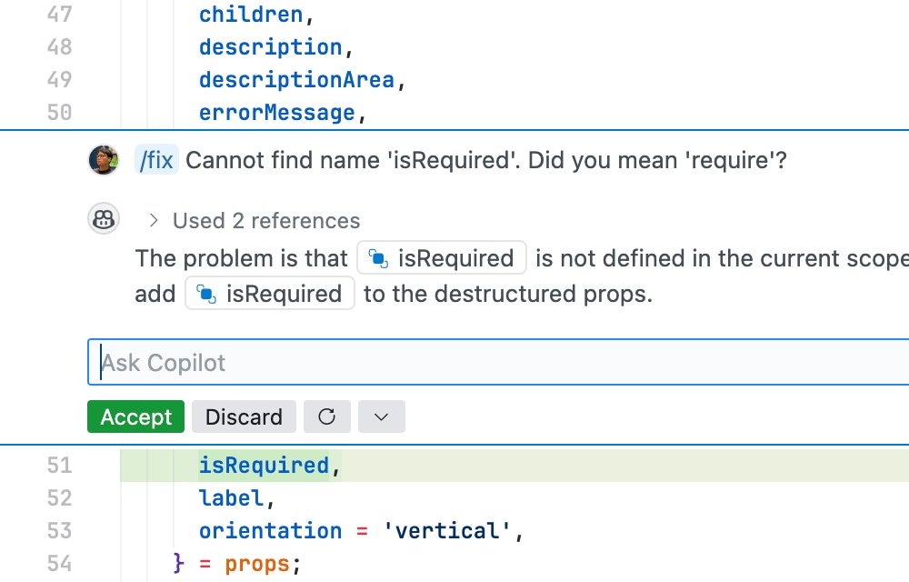 GitHub Copilot suggesting fixes for errors in Visual Studio Code