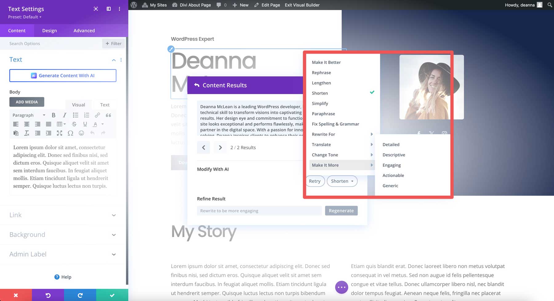 Divi AI rewrite options