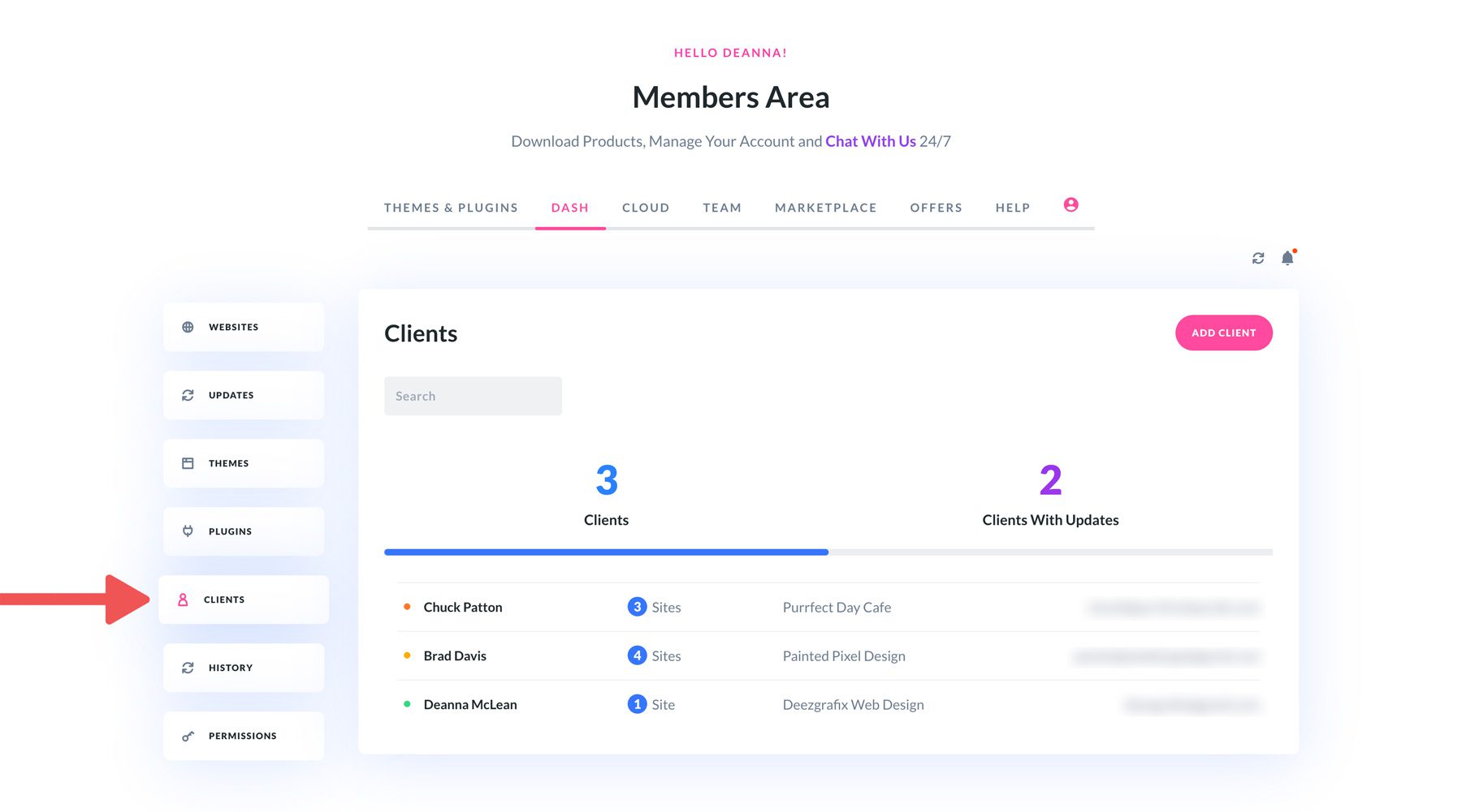 Divi Dash client dashboard