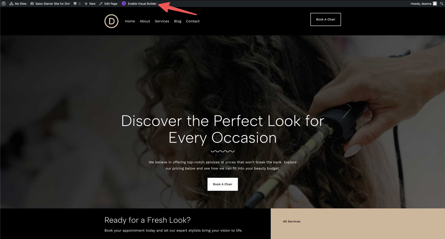 salon starter site for Divi