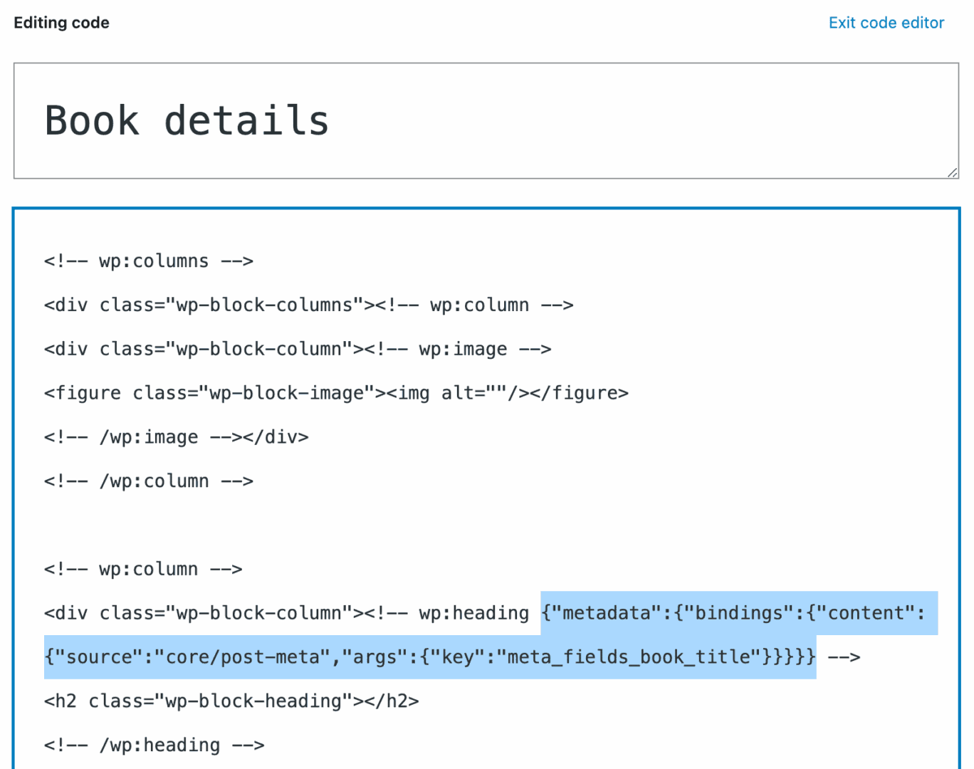 The block pattern in the Code editor