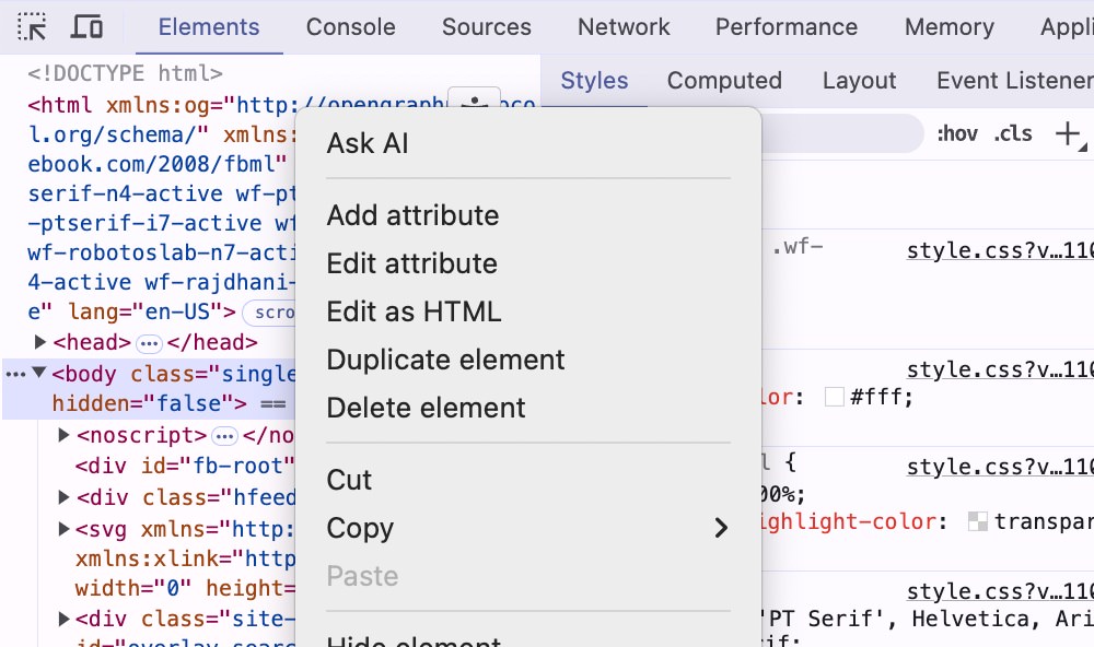 Context menu option for 'Ask AI' in Chrome DevTools